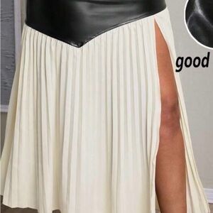 SHEIN Ivory Pleated Midi Skirt with Black Faux-Leather Waistband